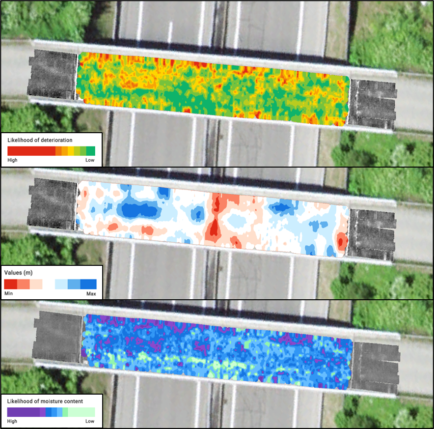 Deterioration, cover and moisture maps for a bridge deck