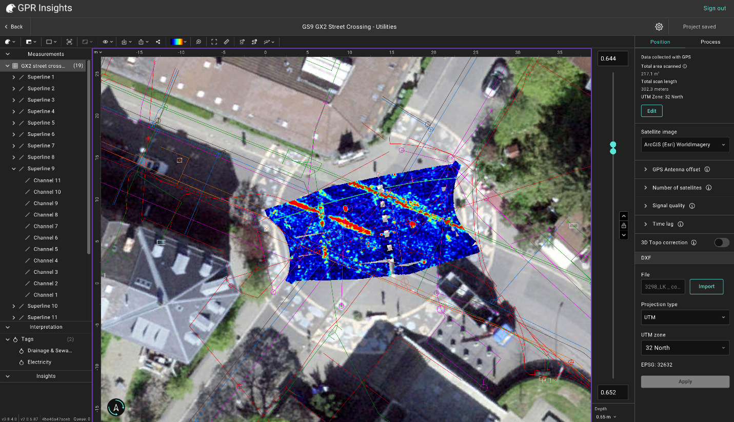 DXF as-built overlay on GPR slice and satellite map in GPR Insights