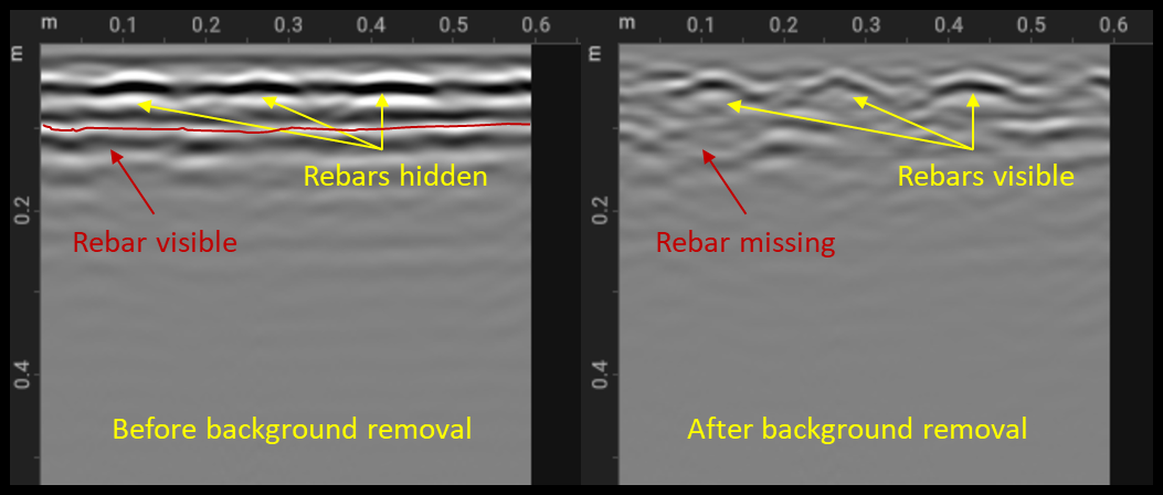 Background removal: before and after on a rebar-grid B-scan
