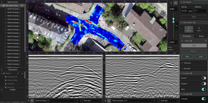 Utility mapping with DXF as-built overlay on GPR slice